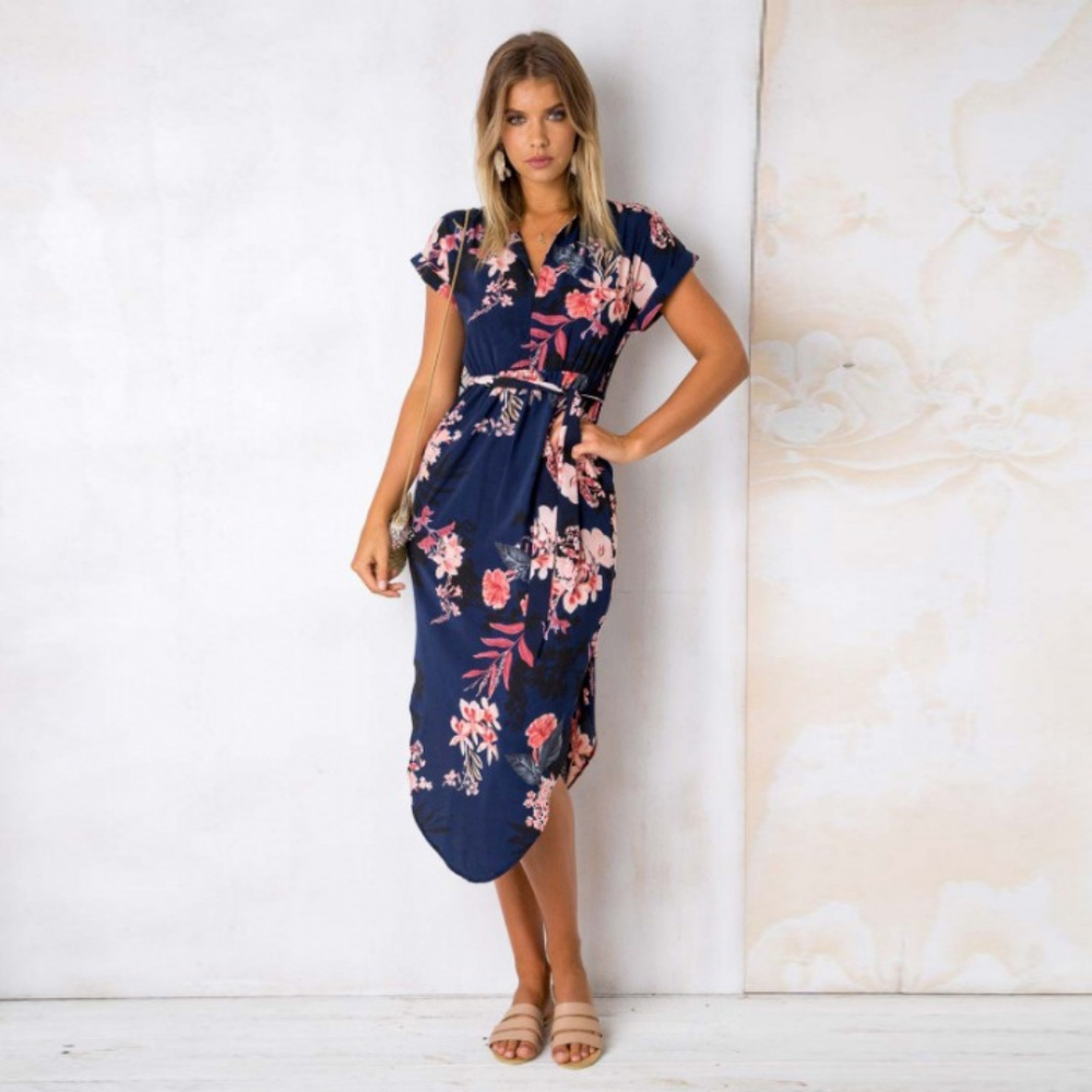 Boho Summer V-neck Midi Printed Dress